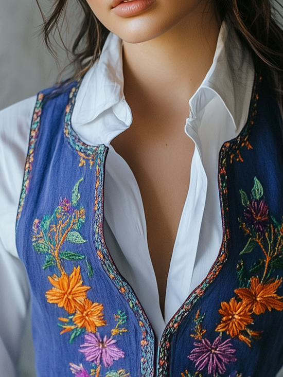 Floral Embroidery Waist-cinched Cotton and Linen Vest