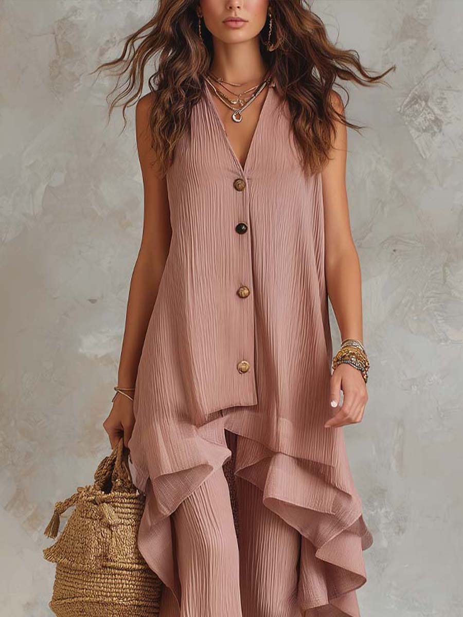 Bohemian Style Crinkled Gauze Sleeveless Top And Wide-leg Pants Two-piece Set