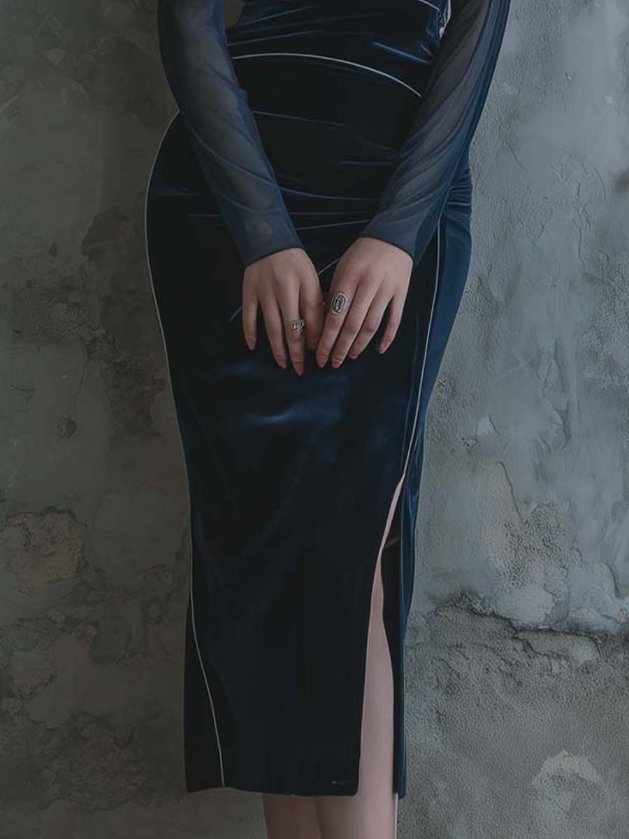 Deep Blue Velvet Bodycon Dress With Sheer Long Sleeves
