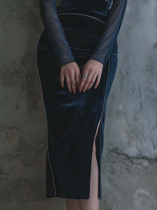 Deep Blue Velvet Bodycon Dress With Sheer Long Sleeves