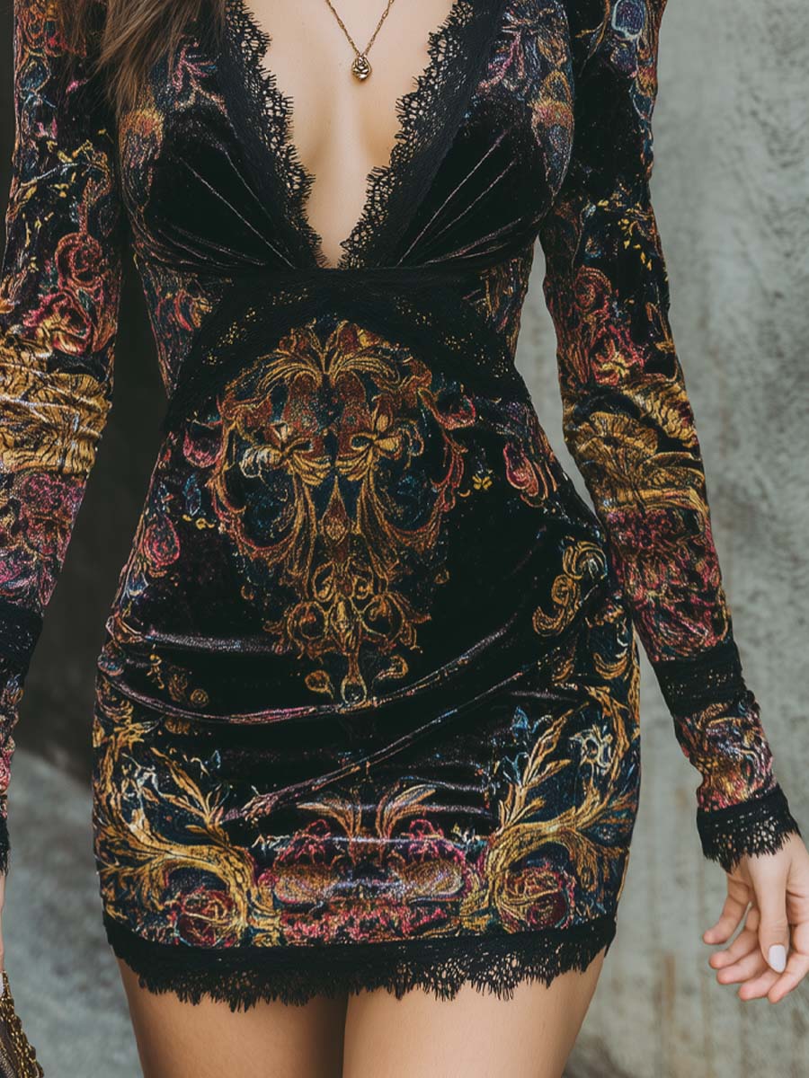 Retro V-neck Lace Trim Floral Print Polyester Velvet Mini Dress