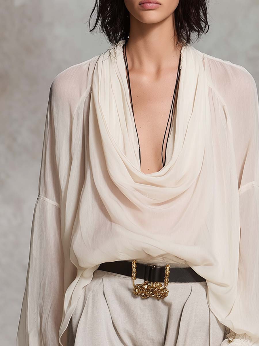 Vintage Cowl Neck Chiffon Blouse With Ruffled Cuffs