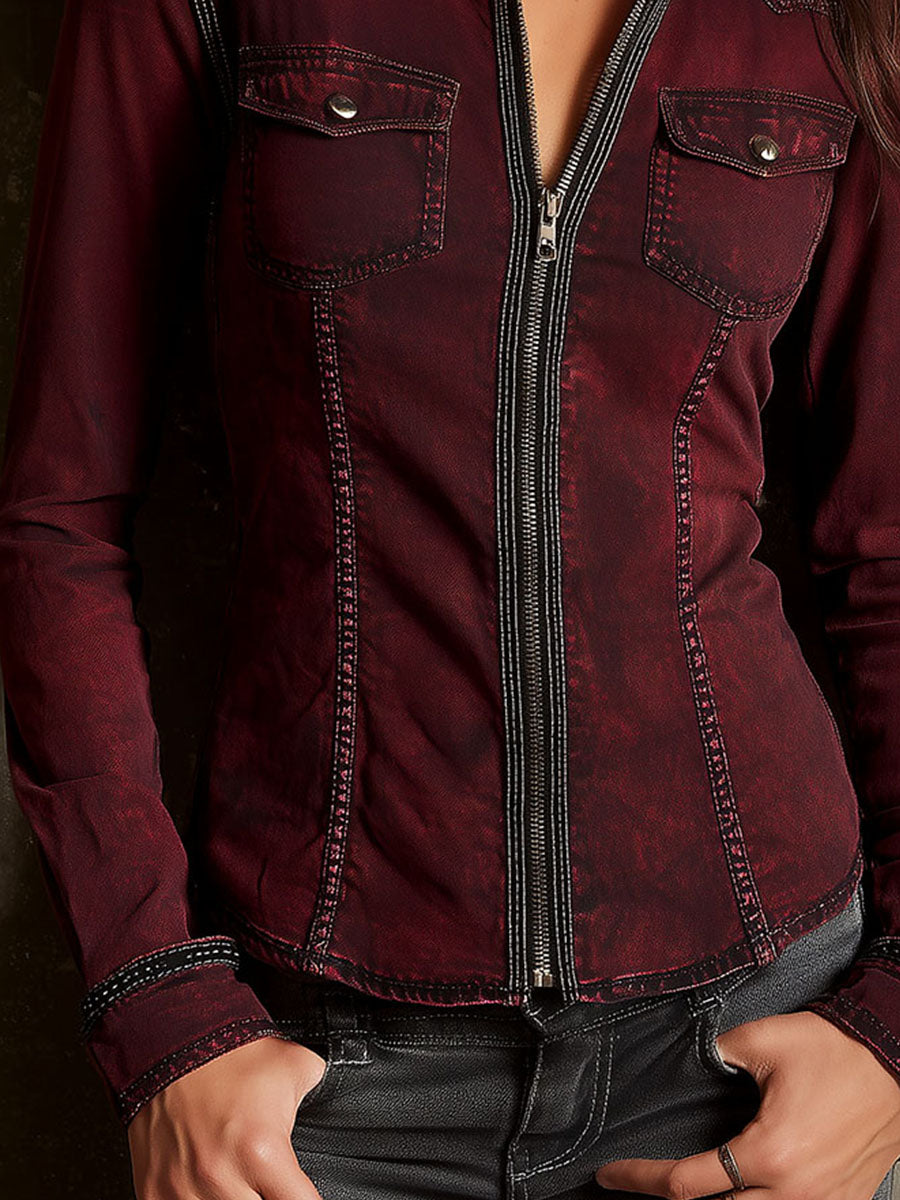 Retro Contrast Stitching Wine Red Denim Zip-Up Shirt Jacket
