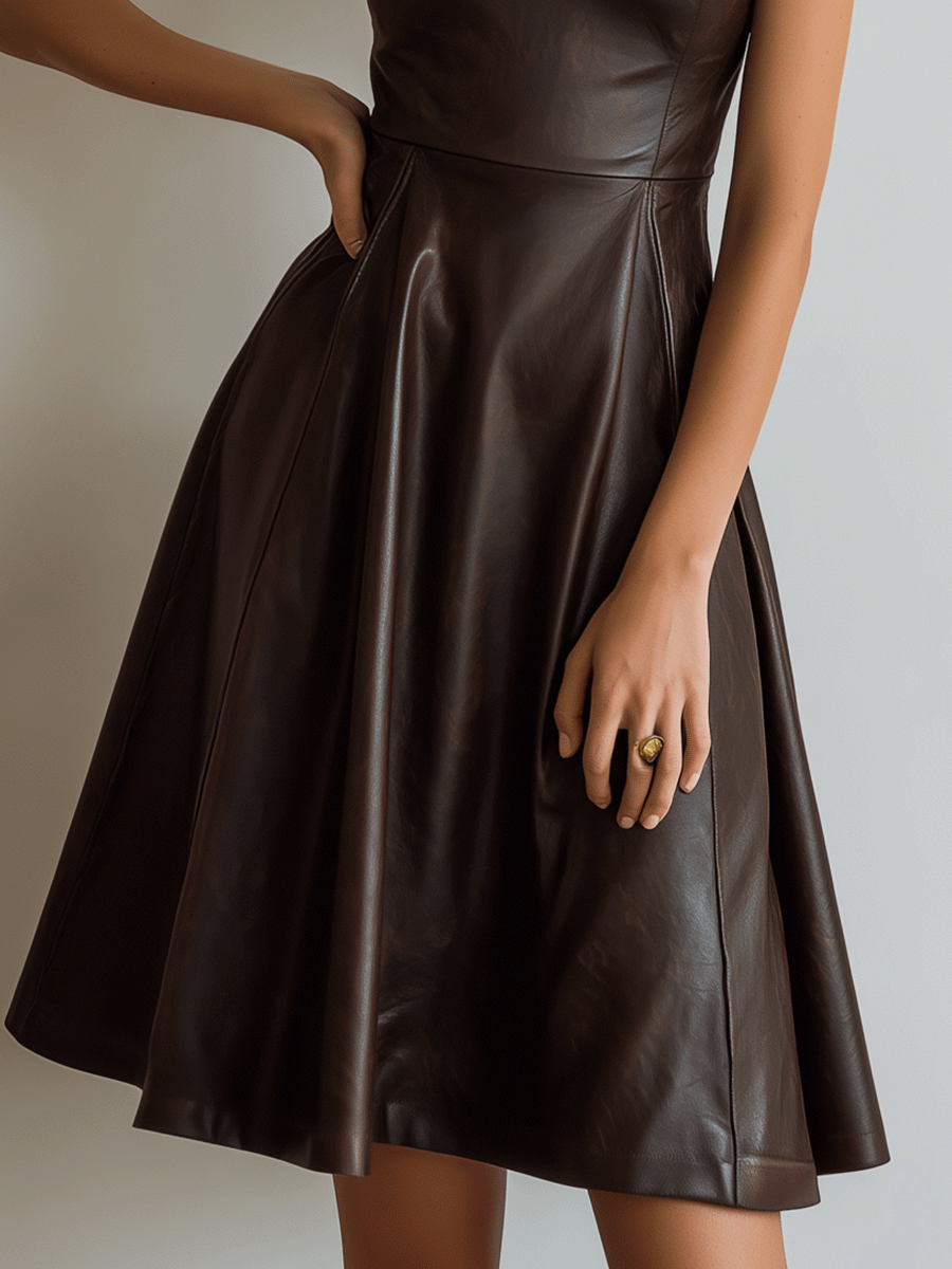 Vintage Brown Faux-Leather A-Line Midi Dress