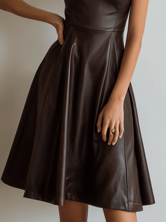 Vintage Brown Faux-Leather A-Line Midi Dress