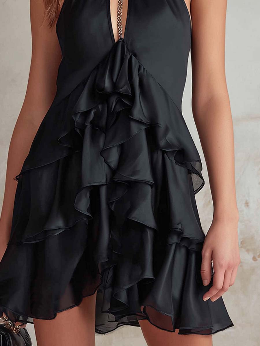 Retro Keyhole Neck Ruffle Hem Polyester Satin Mini Dress