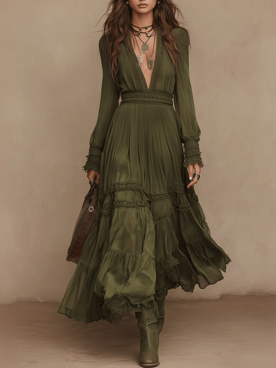 Bohemian Olive Pleated Flowing Tiers Maxi Dress