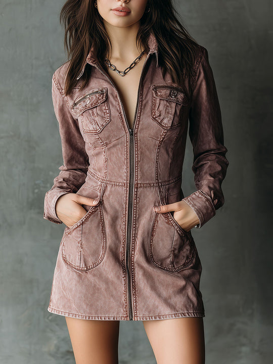Utility Dusty Mauve Washed Denim Zip-Up Mini Dress