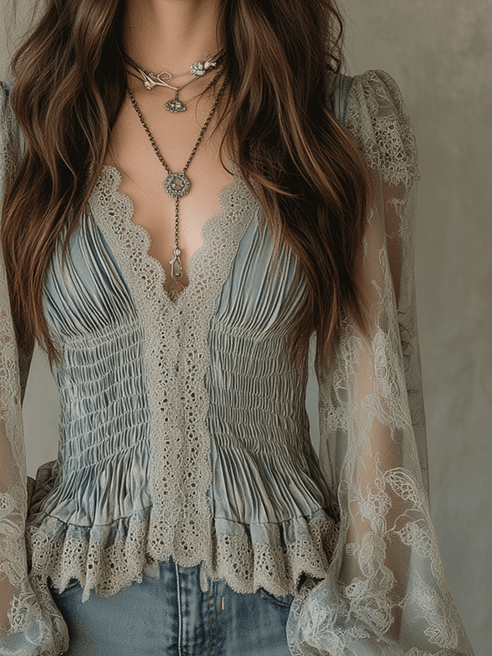 Vintage Bohemian Dusty Blue Lace Peplum Blouse