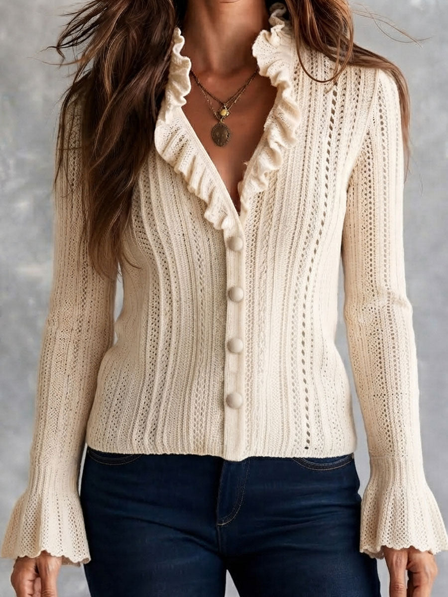 Boho Romantic Lace Knit Ruffled Collar & Flared Cardigan
