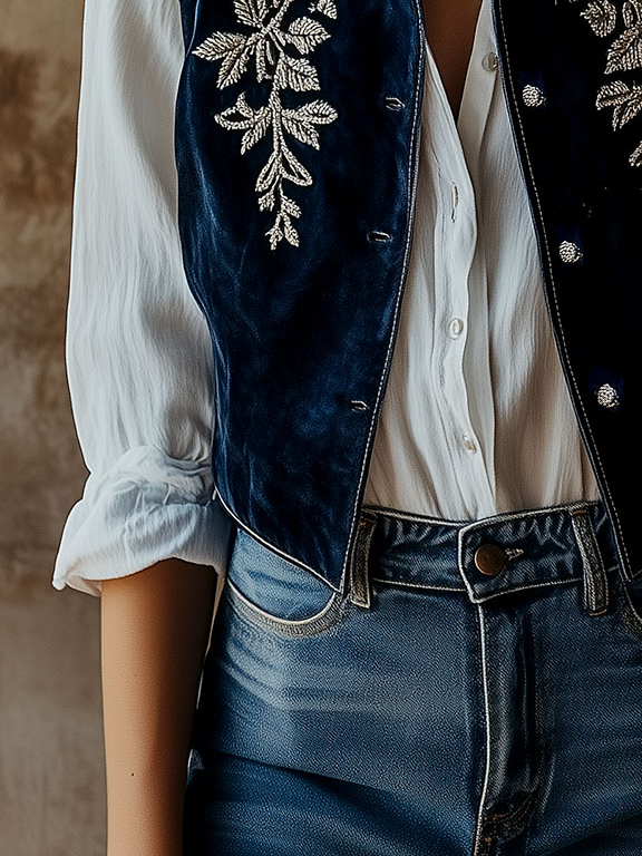 Chic Silver Leave Embroidery Button Down Velvet Vest