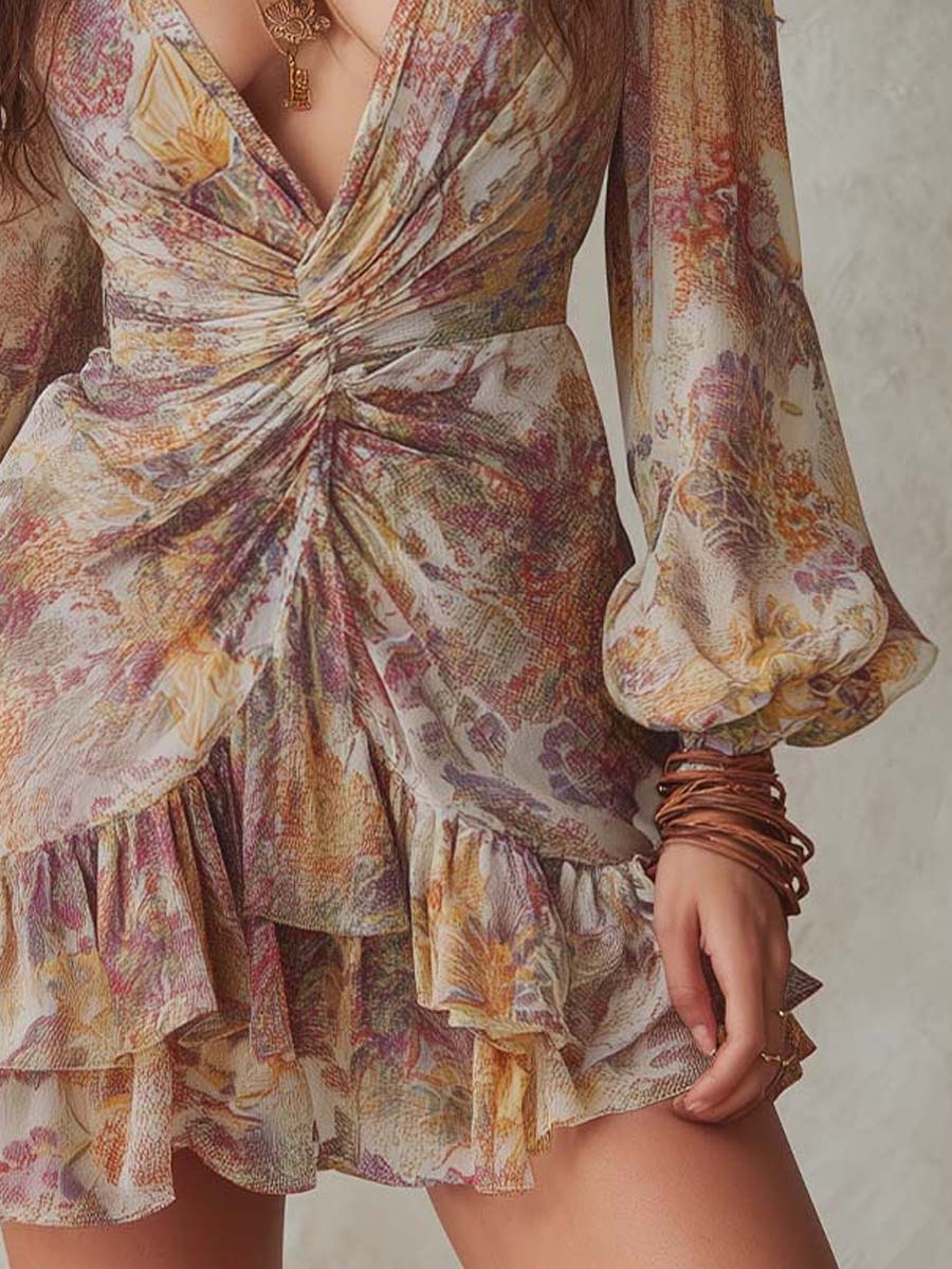 Romantic Boho Floral Ruffled Mini Dress