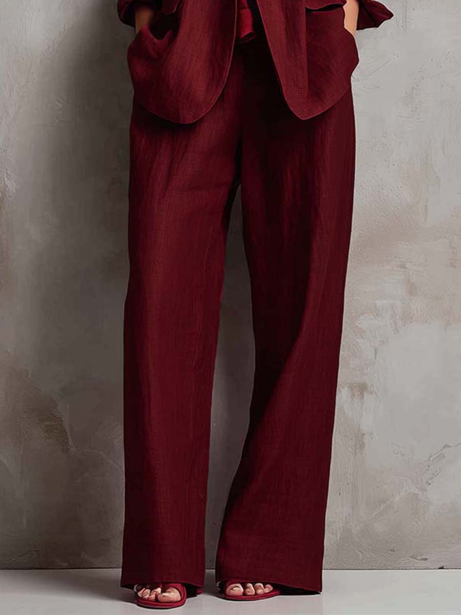 Wine Red Linen-Blend Relaxed Blazer & Wide-Leg Pants Set