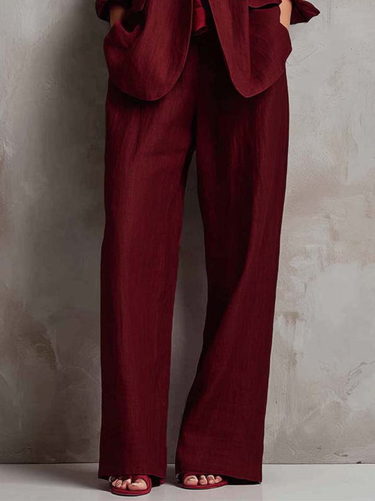 Wine Red Linen-Blend Relaxed Blazer & Wide-Leg Pants Set