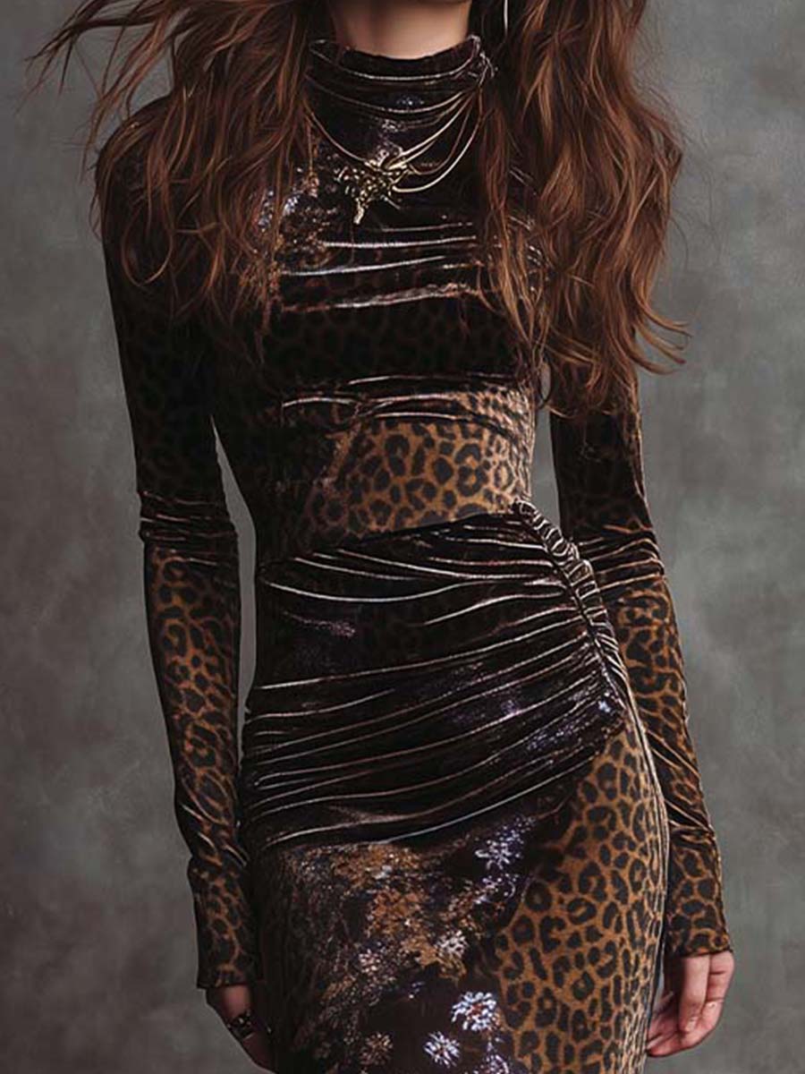 Retro Gothic Leopard Print And Floral Patchwork Velvet Maxi Dress