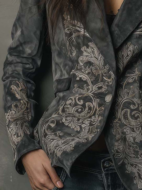 Embossed Floral Eco-Suede Blazer In Charcoal Taupe