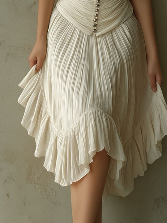 Retro Ivory Pleated Corset Waist  Halter Midi Dress