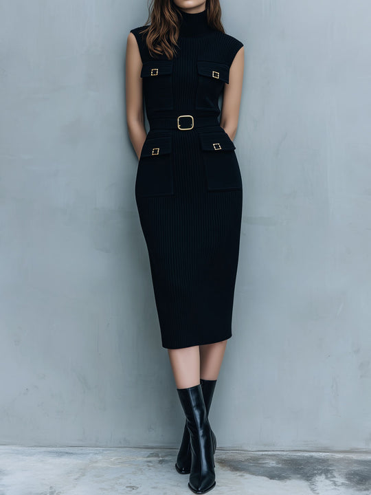 High-Neck Black Ribbed Knit Midi Dress With Gold Buckle