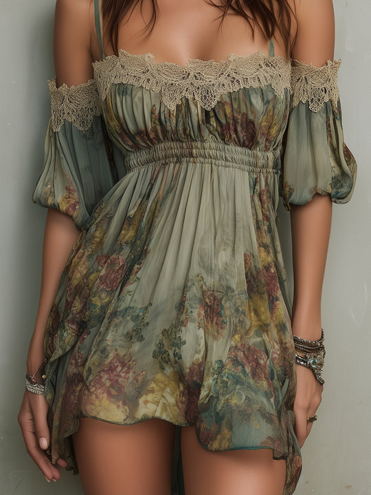 One-shoulder Lace Trimmed Waist Gathered Mini Dress