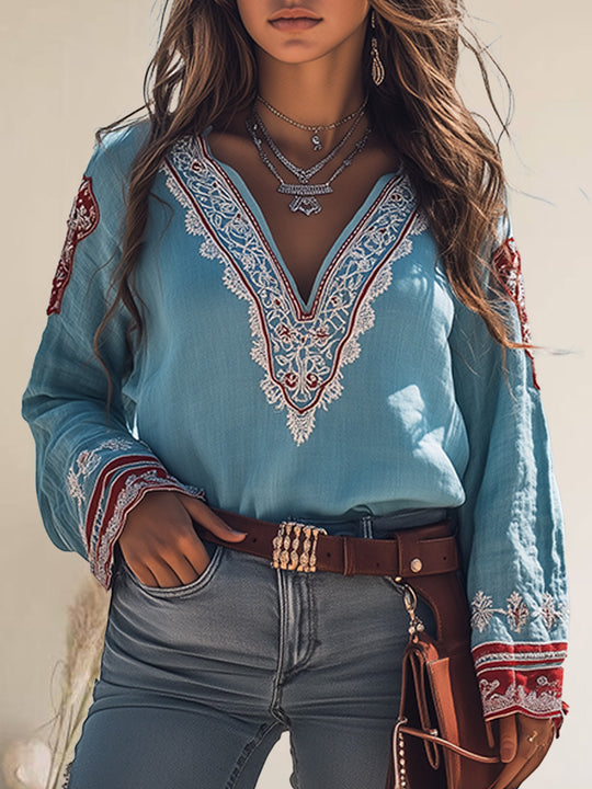 Bohemian Blue Embroidered V-Neck Linen Shirt