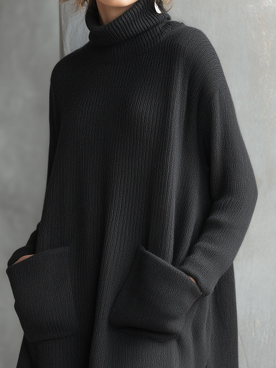 Vintage Wool Turtleneck High-low Sweater With Patch Pockets