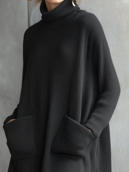 Vintage Wool Turtleneck High-low Sweater With Patch Pockets