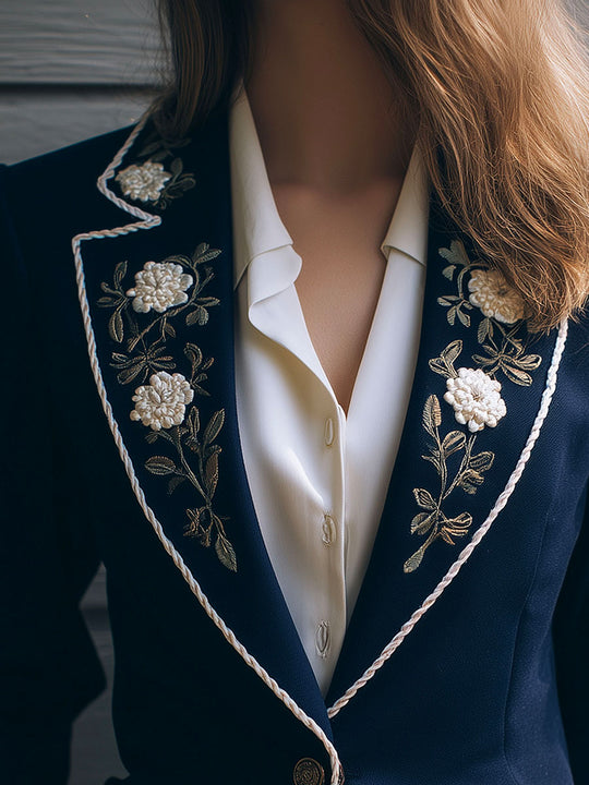 Navy Blue Woolen Blend Floral Embroidered Blazer