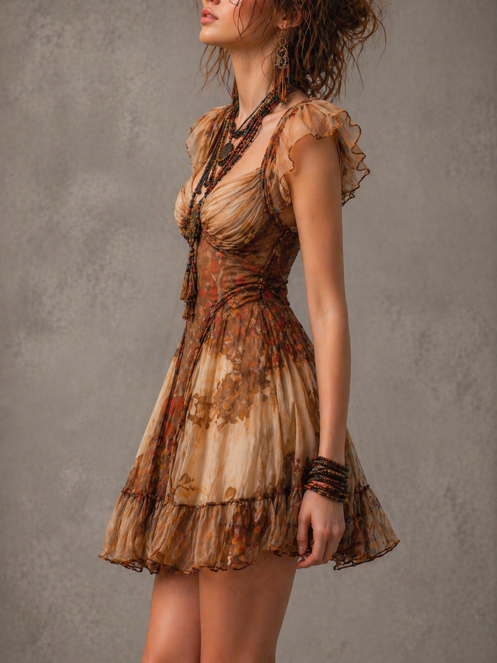 Vintage Brown Floral Print Mesh Mini Dress