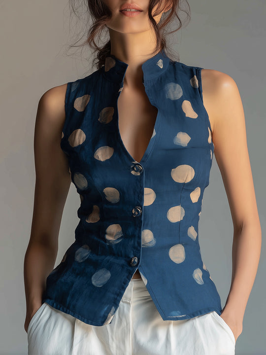 Retro Polka Dot Stand-collar Slim-fit Vest