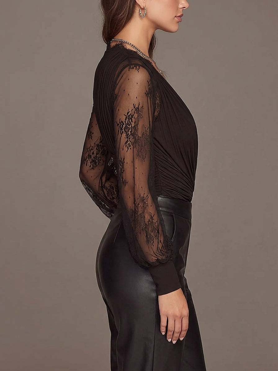 Women's Black Lace-Trim Deep V-Neck Draped Top with Sheer Long Sleeves
