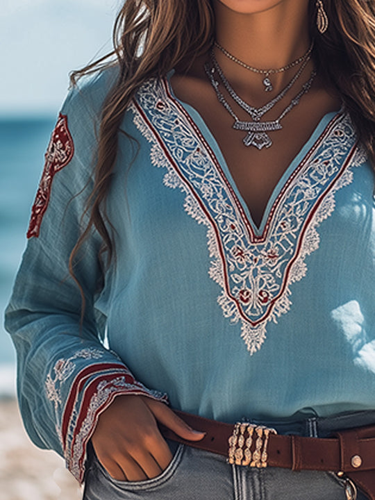 Bohemian Blue Embroidered V-Neck Linen Shirt