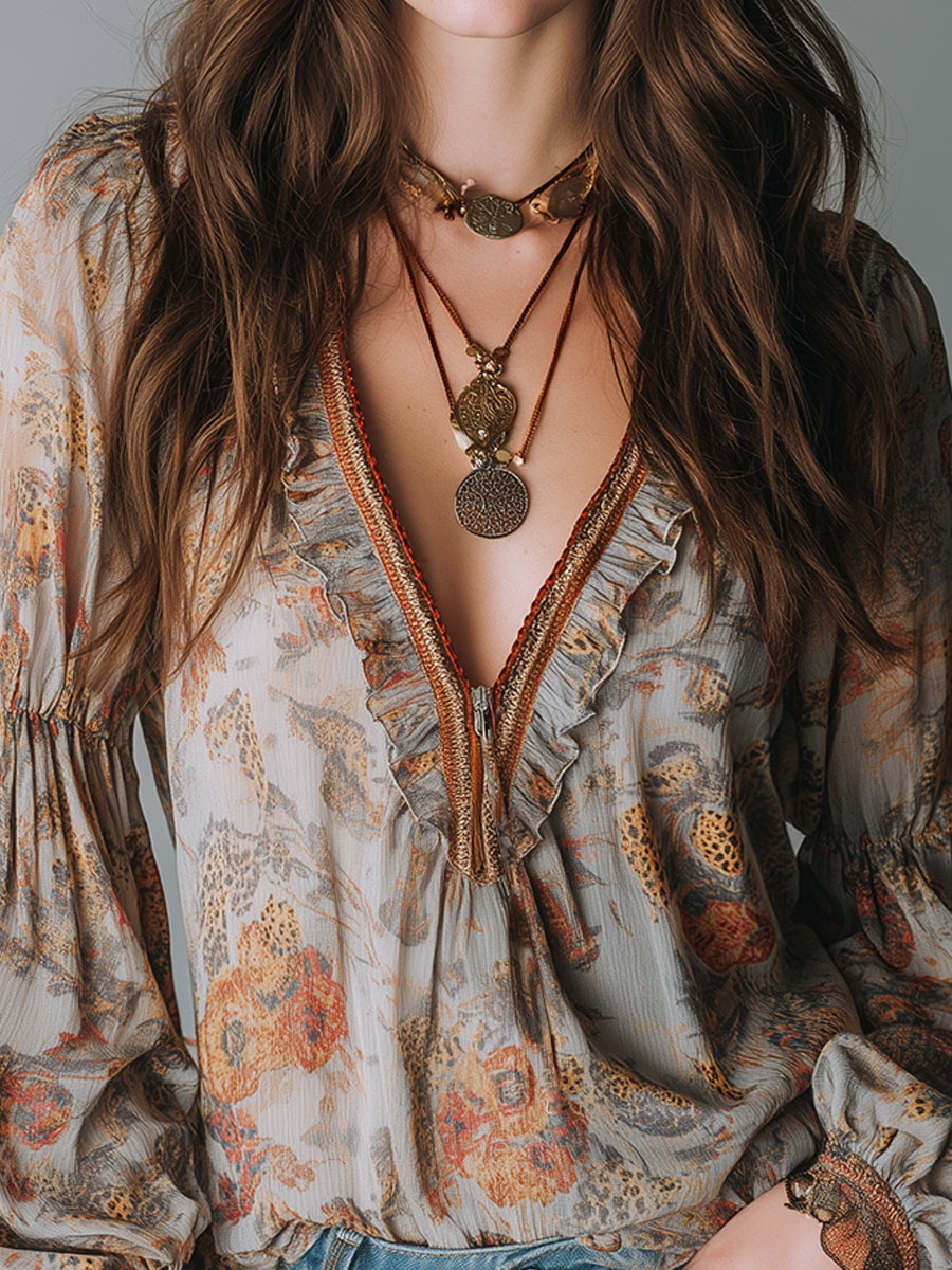 Bohemian Leopard Print Ruffled Front Zip Blouse