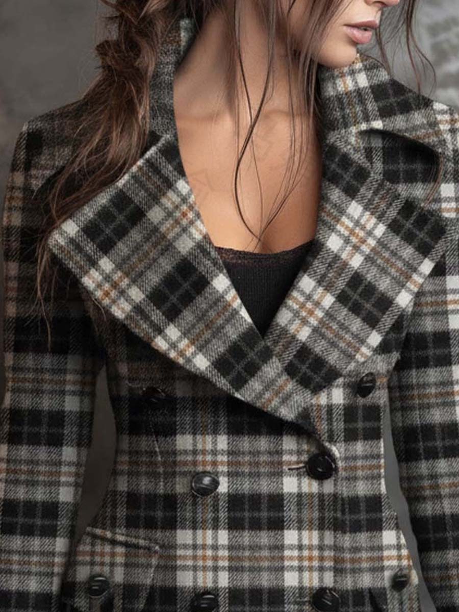 Classic Black And White Plaid Textured Double-Breasted Blazer