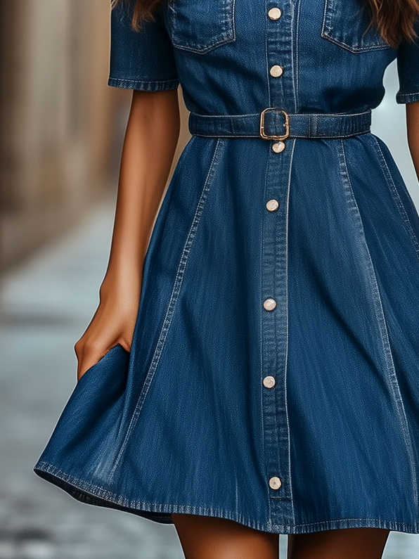 Classic Lapel Single-breasted Short Sleeves Denim Dress