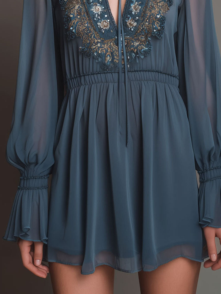 Boho Dusty Blue Tie-Neck Embroidered Chiffon Mini Dress