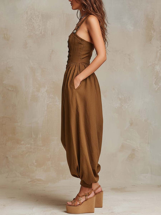 Bohemian  Cotton-Linen Corset Balloon-Leg Jumpsuit