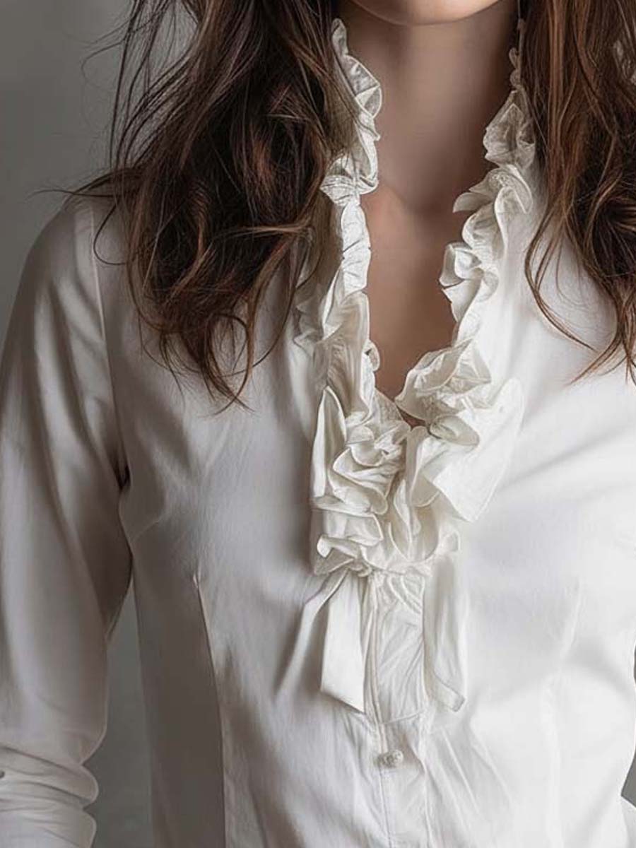 Vintage-Inspired White Ruffle Trim Blouse