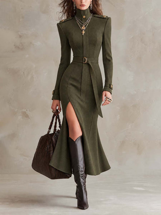 Military-Inspired Suede Olive Green High-Neck Belted Midi Dress