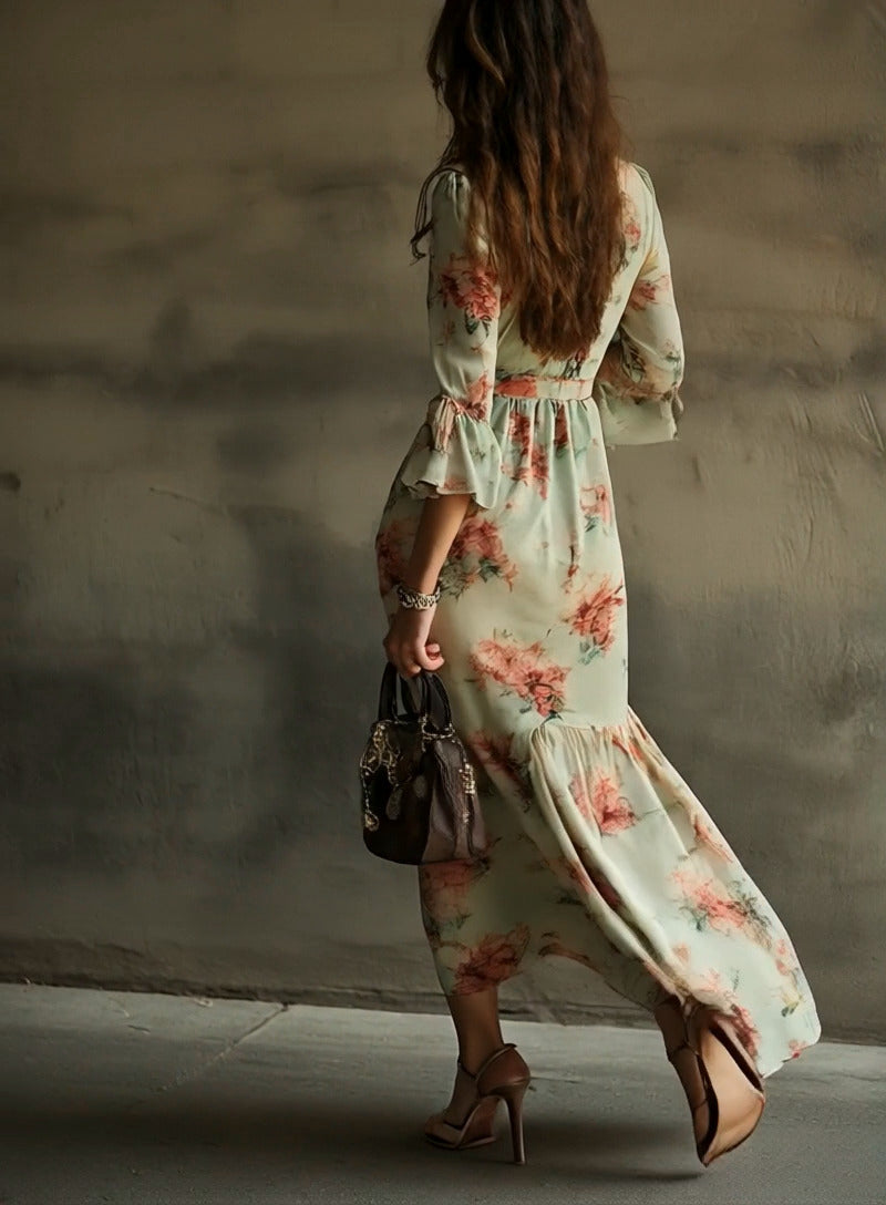 Bohemian Casual Holiday V-neck Floral Maxi Dress