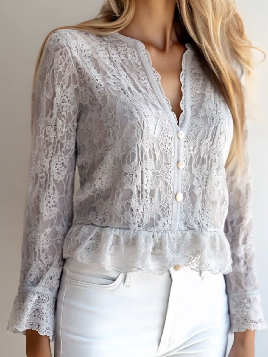 Stylish V-neck Button Down Long Sleeve Lace Shirt