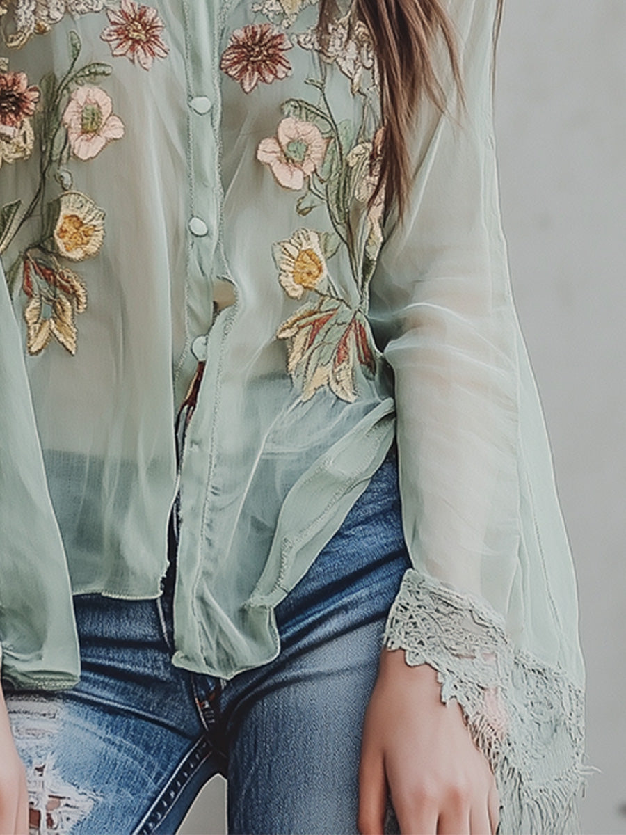 Casual Floral Embroidered Lace Cuff Shirt