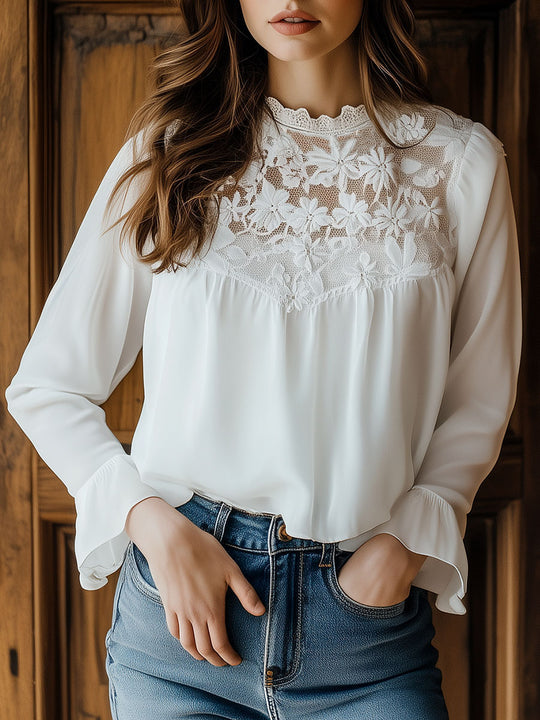 Lace Patchwork Ruffled Cuffs Chiffon Blouse