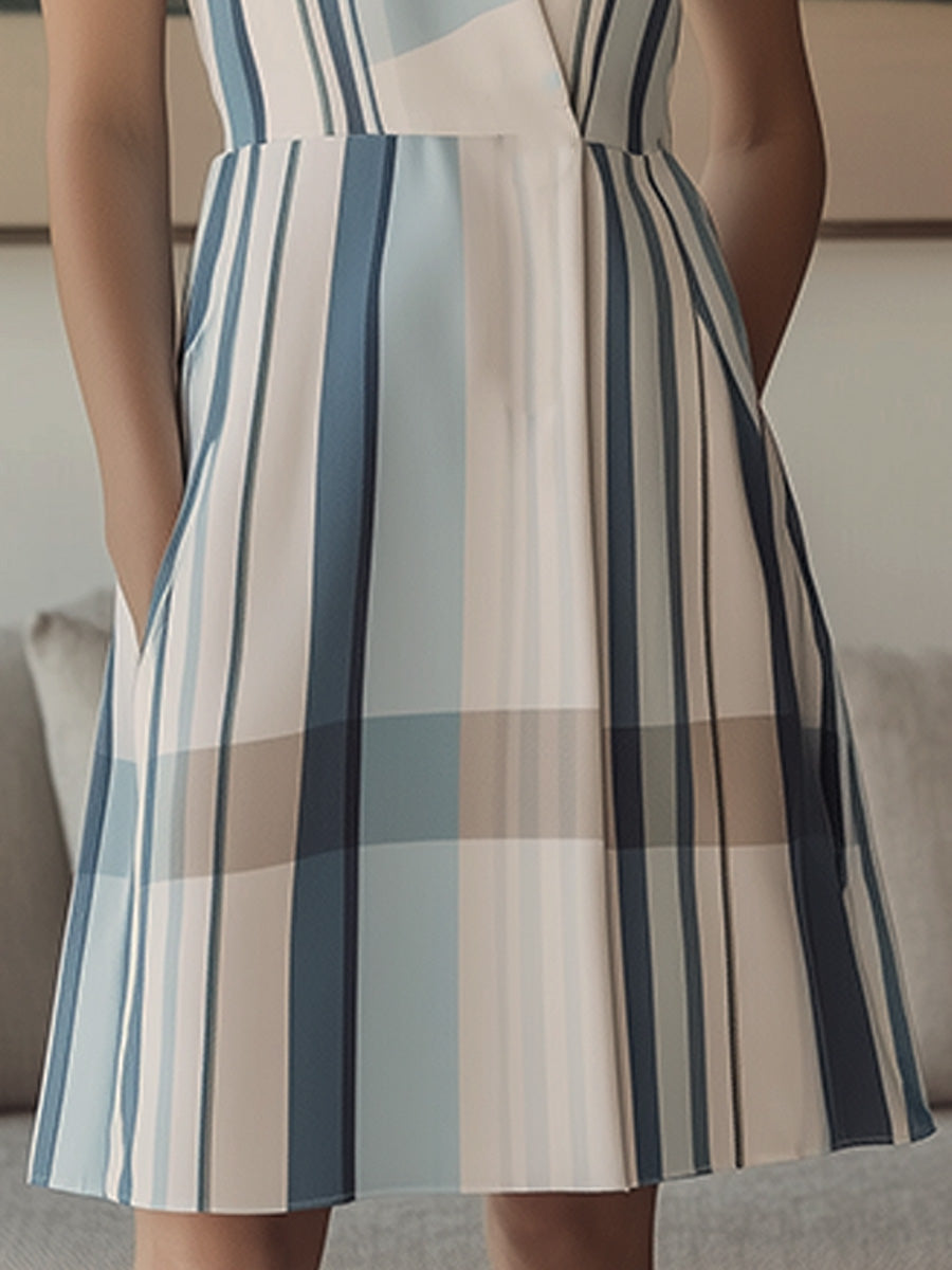 Casual Lapel Sleeveless Striped A-Line Skirt Dress