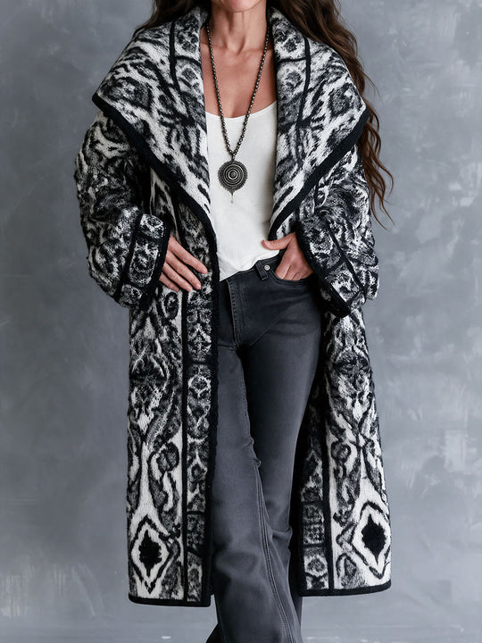 Vintage Black White Nomadic Tribal Knit Maxi Coat With Wide Shawl Collar