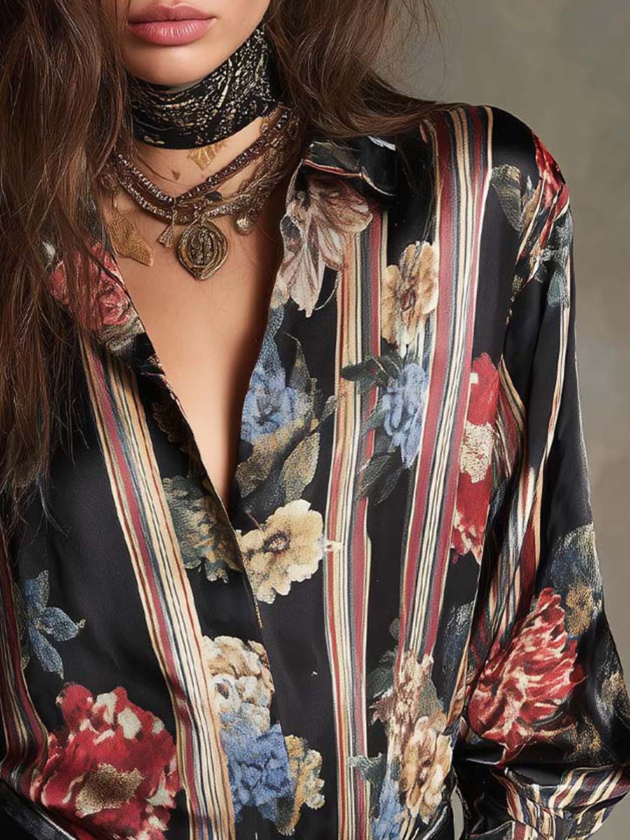 Vintage Boho Floral Stripe Blouse