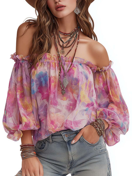 Romantic Bohemian Off-Shoulder Floral Blouse