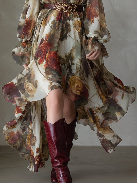 Boho Holiday Print Ruffle Neckline High Low Hem Chiffon Midi Dress