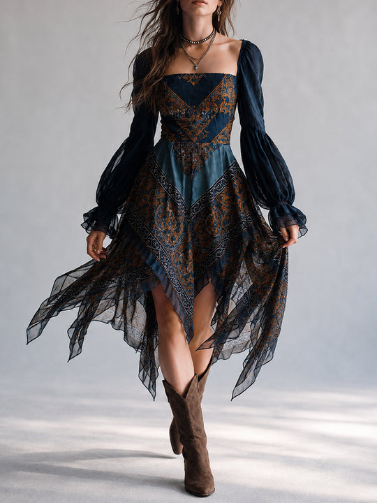 Bohemian Paisley Print Handkerchief Hem Dress