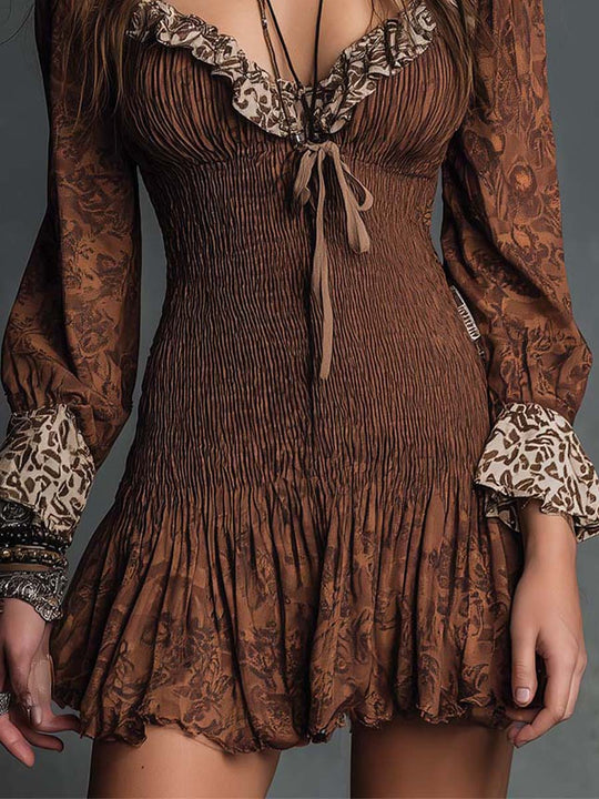 Boho Smocked Mini Dress With Printed Ruffle Details