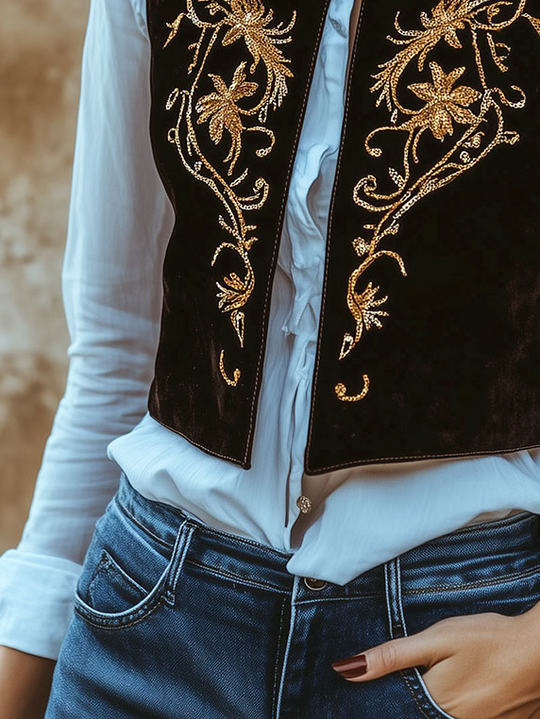 Chic Stand Collar Golden Embroidery Suede Vest